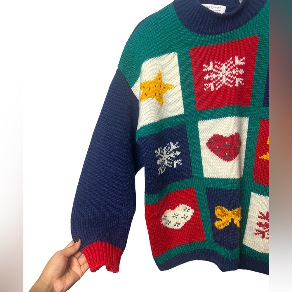Vintage Colorblock Colorful Patchwork Christmas Sweater L - Picture 3 of 5